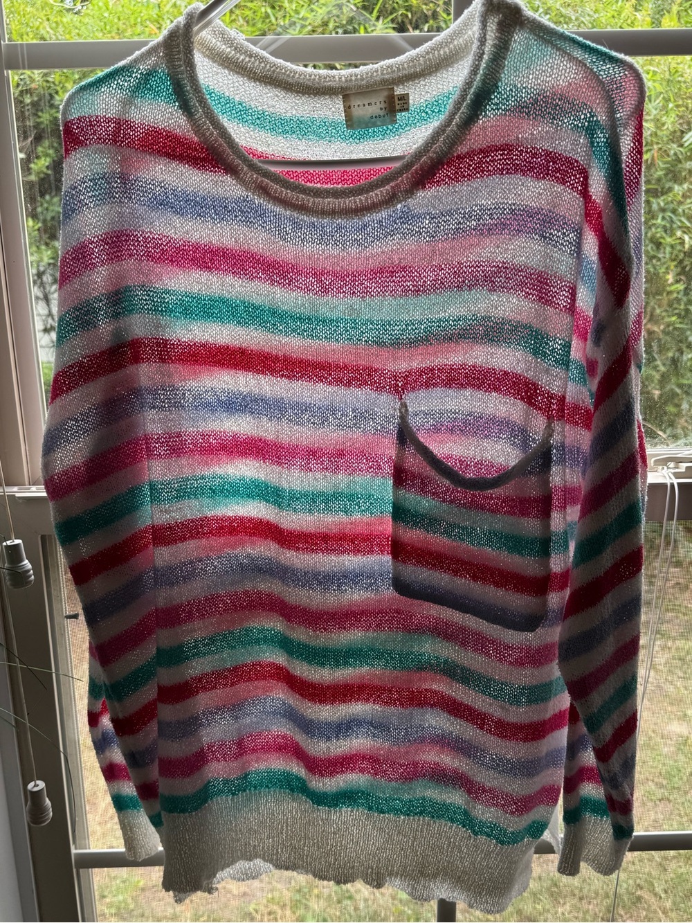 Dreamers Striped Lightweight Scoop Neck Sweater in White, Pink, Teal & Red